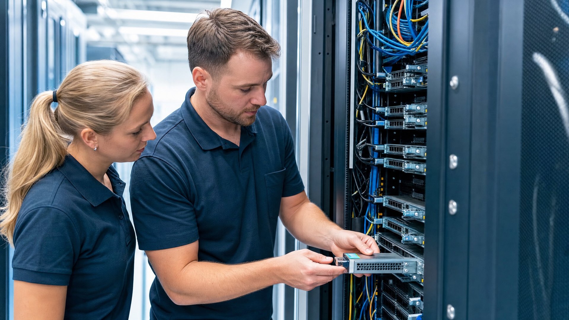Technikerinnen und Techniker von badata bei der Arbeit an der Server-Infrastruktur im Bremer Rechenzentrum