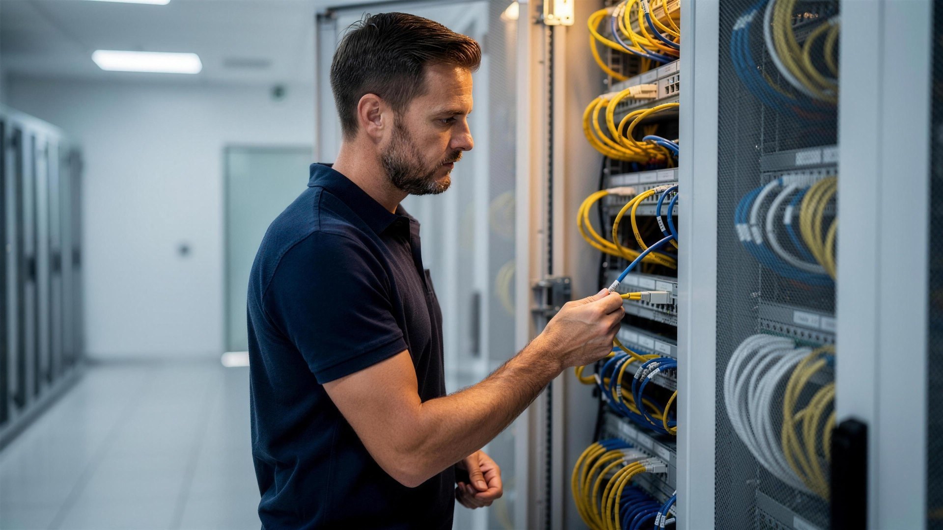 Netzwerk- und Rechenzentrumstechniker von badata an der Netzwerk-Infrastruktur im Bremer Rechenzentrum